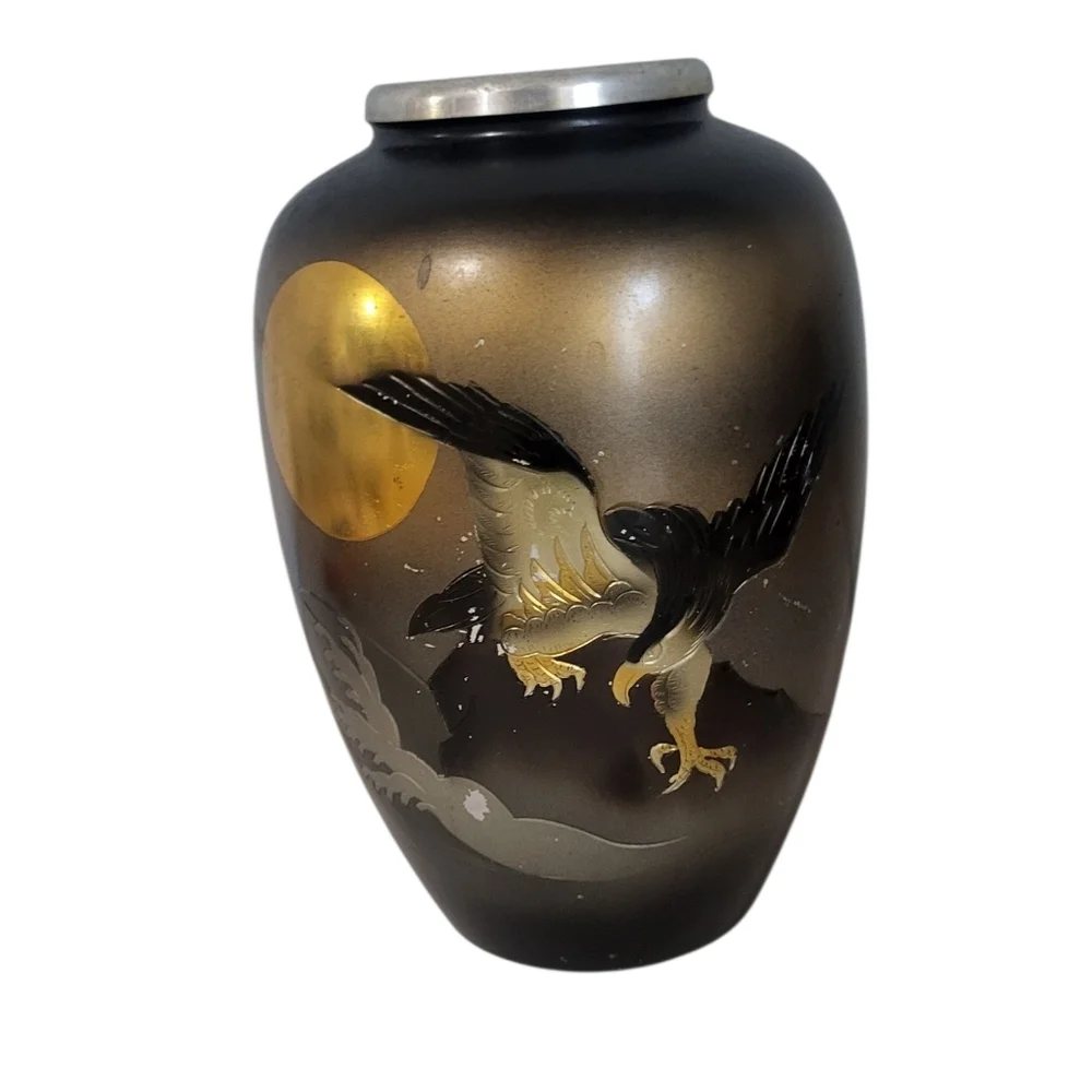 Vintage Japanese Damascene Vase with Eagle and Moon Motif